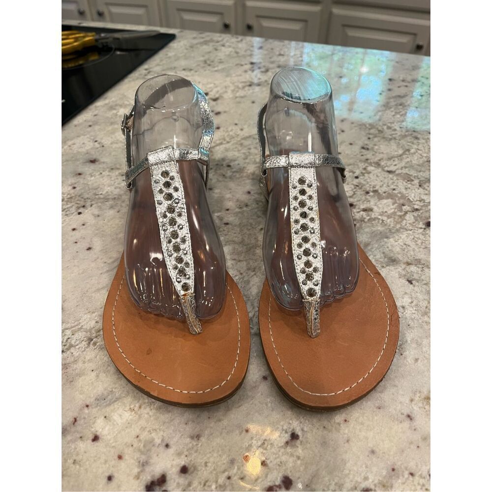 Steve Madden Silver Leather Studded Thong Sandals sz 10 EUC